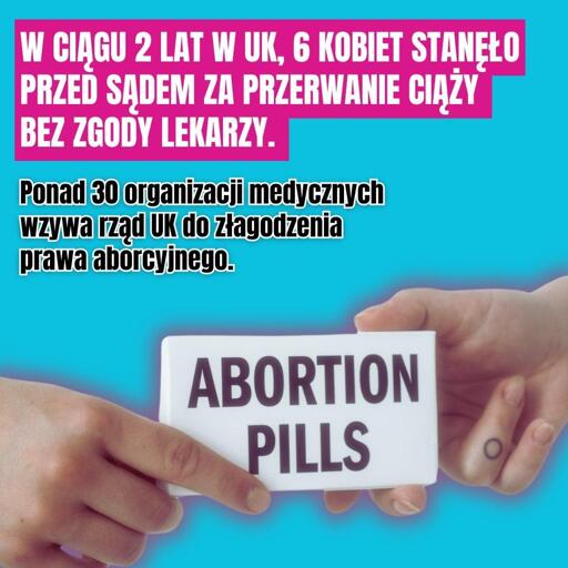 
W CIĄGU 2 LAT W UK, 6 KOBIET STANĘŁO PRZED SĄDEM ZA PRZERWANIE CIĄŻY BEZ ZGODY LEKARZY.
Ponad 30 organizacji medycznych wzywa rząd UK do złagodzenia prawa aborcyjnego.

obrazek: ręce podające sobie opakowanie tabletek aboryjnych
