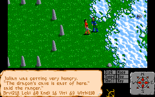 A screenshot from Faery Tale Adventure for the Amiga, showing Julian talking to a ranger. 
The scroll reads,
Julian was getting very hungry. "The dragon's cave is east of here", said the Ranger.