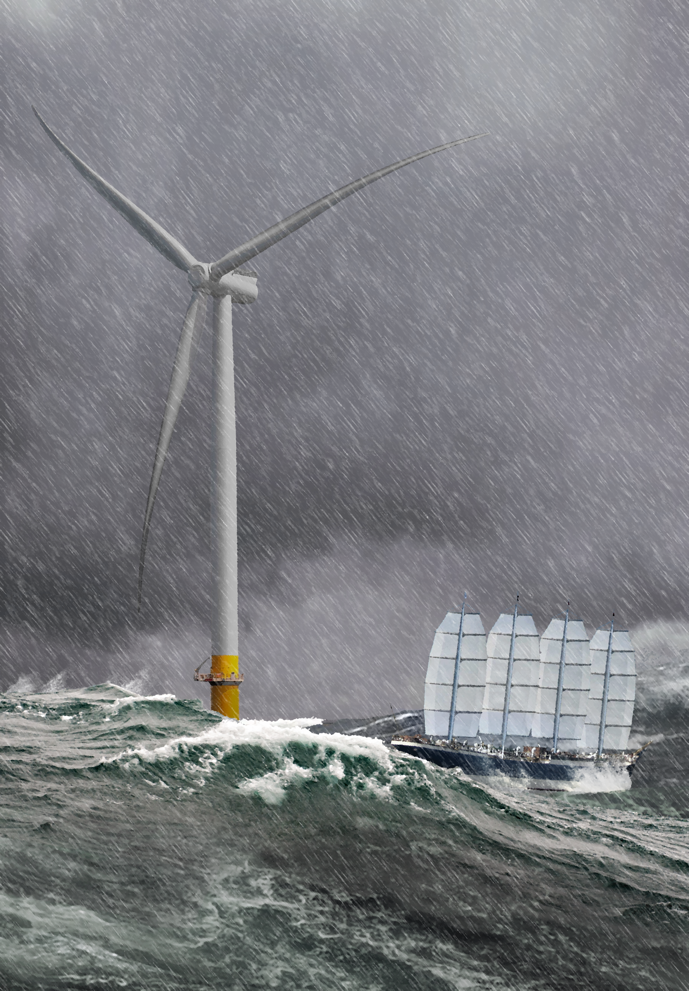 The image shows a steel-hulled four-masted barque (sailing ship) with dynarig sails trying to escape a storm perilously close to an offshore windmill. The sky and ocean are moslty grey, waves are heaving as high as the ship, and a driving rain fills the sky.