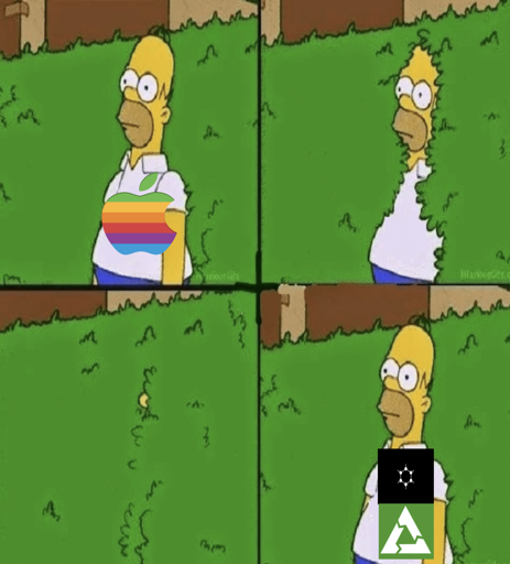 Homer backs into bushes meme with homer with rainbow apple logo going into bushes and then coming back out with postmarket os and graphene os logos