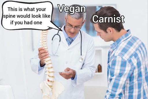 Doctor titled "vegan" holding up a spine saying to "carnist" onlooker  "This is what your spine would look like if you had one"