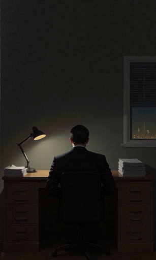A figure in a dark suit sits at a wooden desk in a dimly lit office. The only illumination comes from a small adjustable desk lamp casting a soft yellow glow on stacks of paper arranged on either side of the workspace. The person's back faces the viewer as they work late into the night. Through a small window with partially closed blinds on the right side, distant city lights twinkle against the night sky.