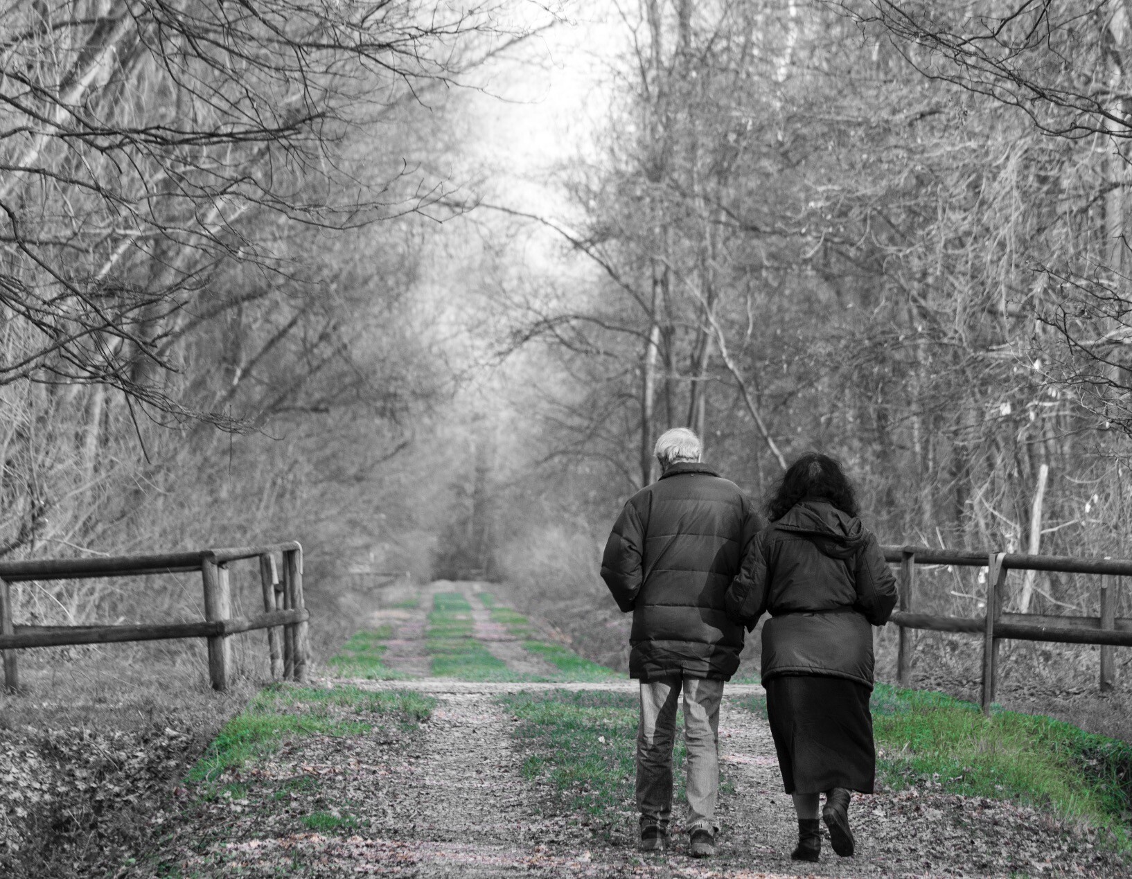 A black and white photo of an old couple walking on a green path. This photo wants to be the symbol of how love can help, day by day, to pass the grey situations of life and bring to an uncertain future. The path is green because, even if the future is uncertain, walking towards it together will make at least the path more colourful.