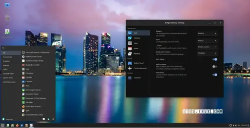 Screenshot of Solus 4.7 with the Budgie desktop environment showing the applications menu and Budgie Settings.