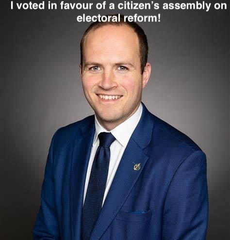 Photo of Nathaniel Erskine-Smith smiling with the caption I voted in favour of a citizen's assembly on electoral reform