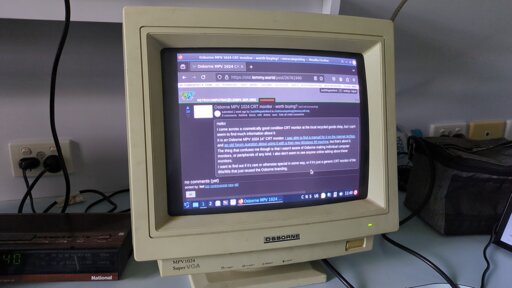 An image of the beige Osborne MPV1024 working - Firefox is running on it with the previous Lemmy post I made opened