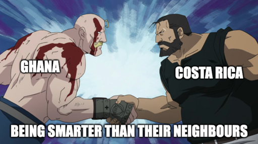 Fullmetal handshake meme "Costa Rica" shaking hands with "Ghana" "Being smarter than their neighbours"