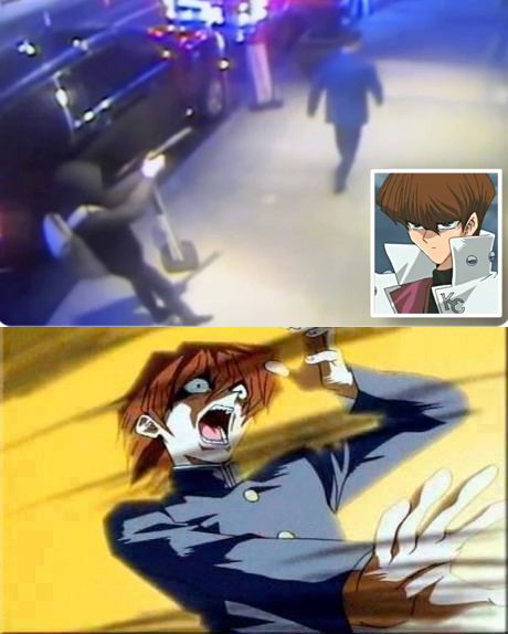 Top-half image of UHC incident with Kaiba's portrait photo, bottom-half image of Kaiba before getting obliterated by Exodia