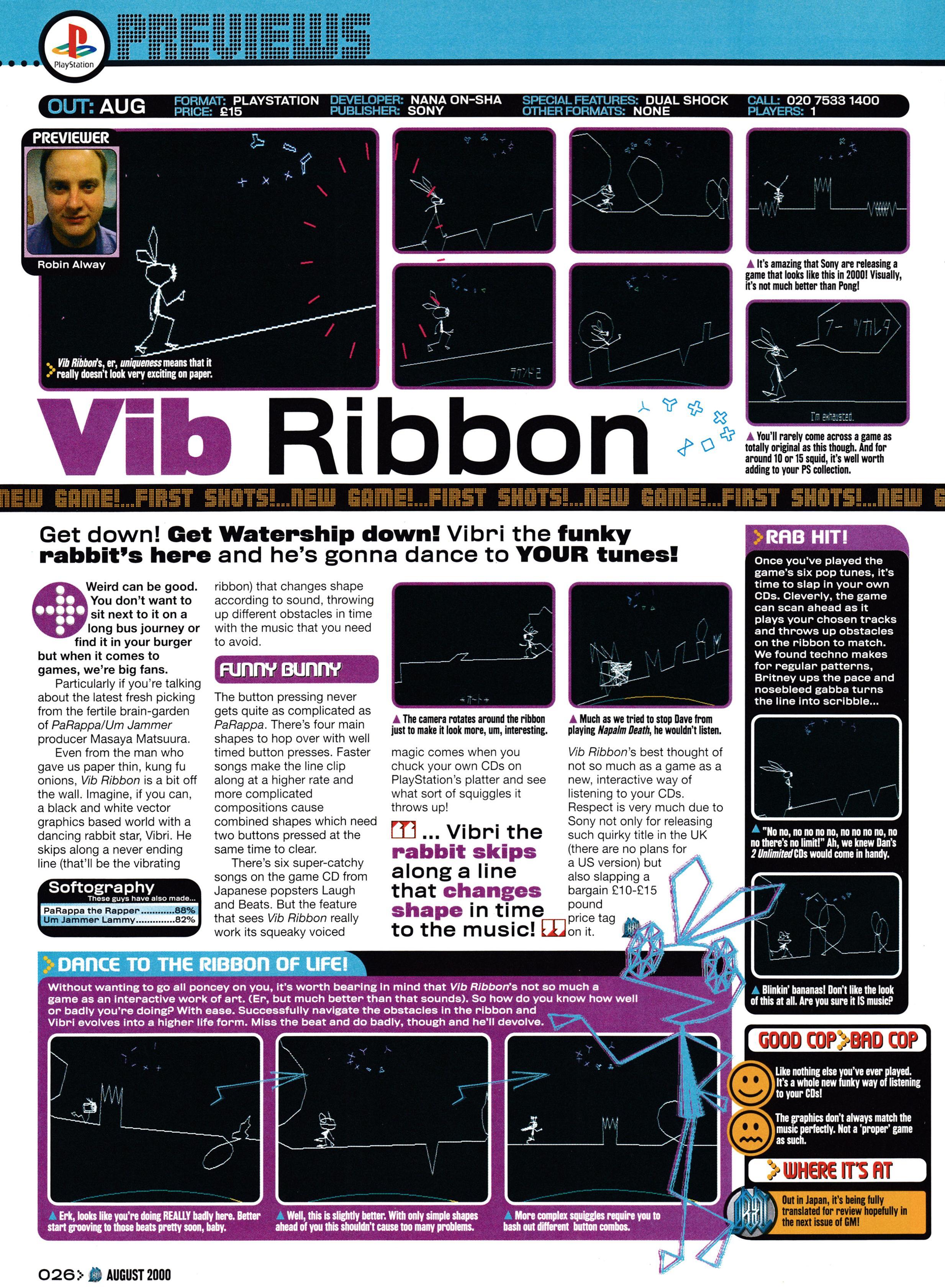 Preview for Vib Ribbon on PSone.
Taken from GamesMaster 97 - August 2000 (UK)