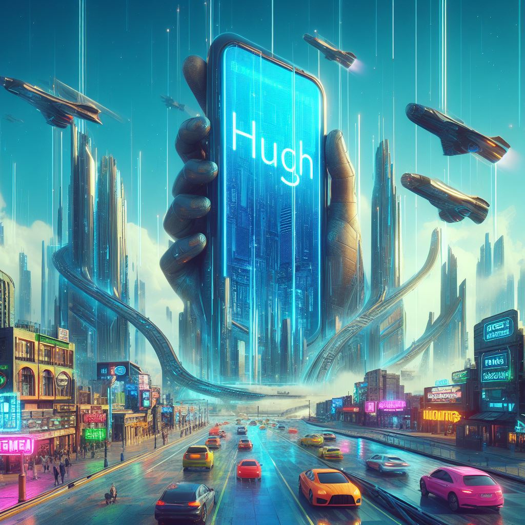 giant phone being held by a giant hand with the name Hugh on the screen futuristic cars and planes all over the place. 