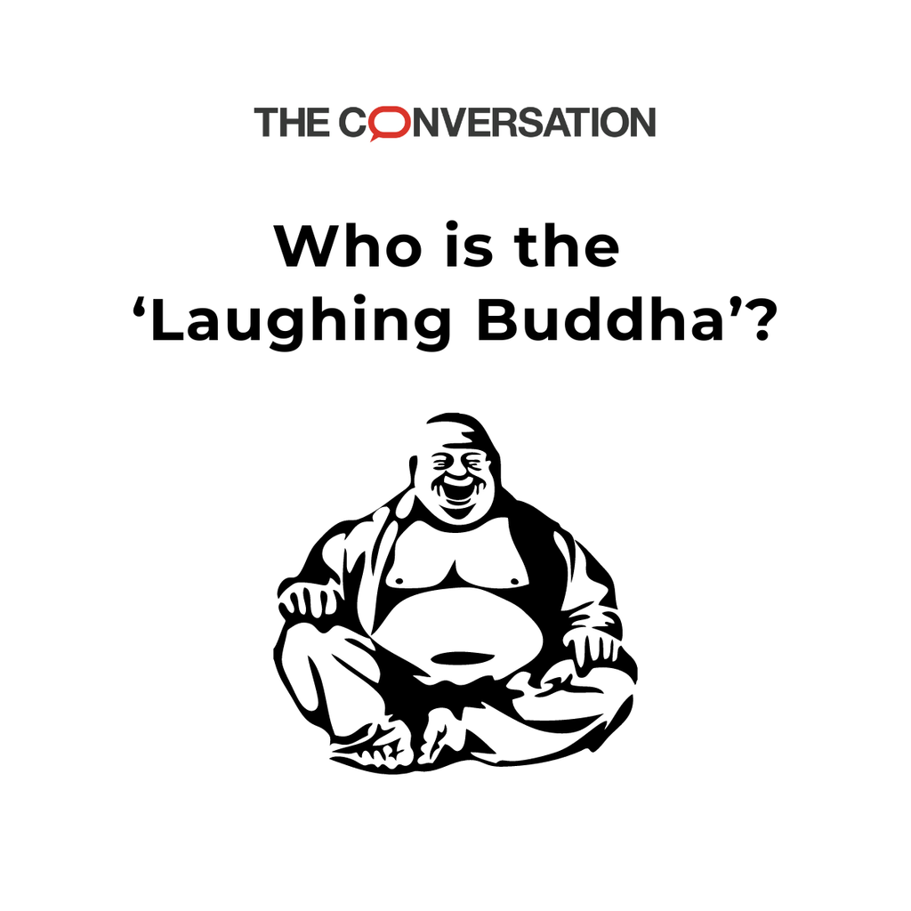 A black and white drawing shows the image of the Laughing Buddha, and the text asks "Who is the 'Laughing Buddha'?" For many, legendary generosity and compassion, and so much more.