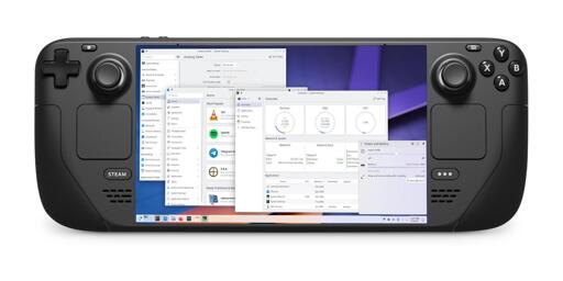 A mock up showing Plasma 6.2 running on Valve's Steam Deck games console.
