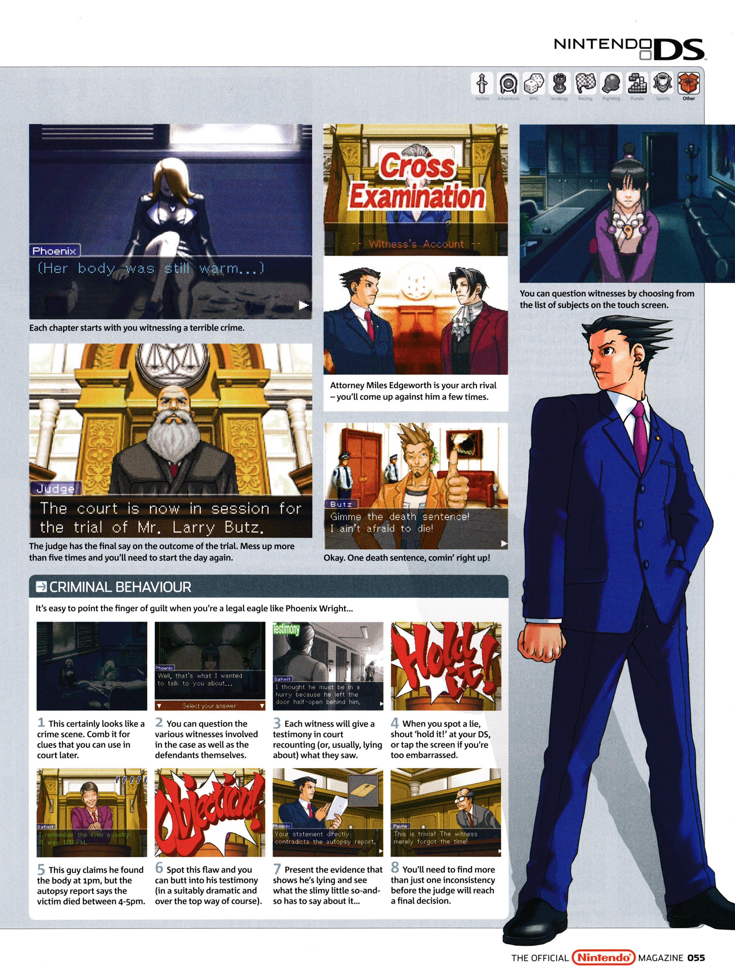 Preview for Phoenix Wright Ace Attorney on Nintendo DS.
Taken from Official Nintendo Magazine 1 - March 2006 (UK)