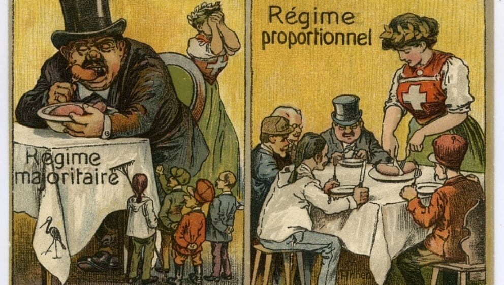 Swiss political cartoon: with first panel of man with a black business attire and top hat eating at table without sharing with the others "regime majoritaire" and woman personification of Switzerland crying in the background then the second panel shows "regime proportional" Ms. Switzerland cutting food to distribute it to everyone at the table. 