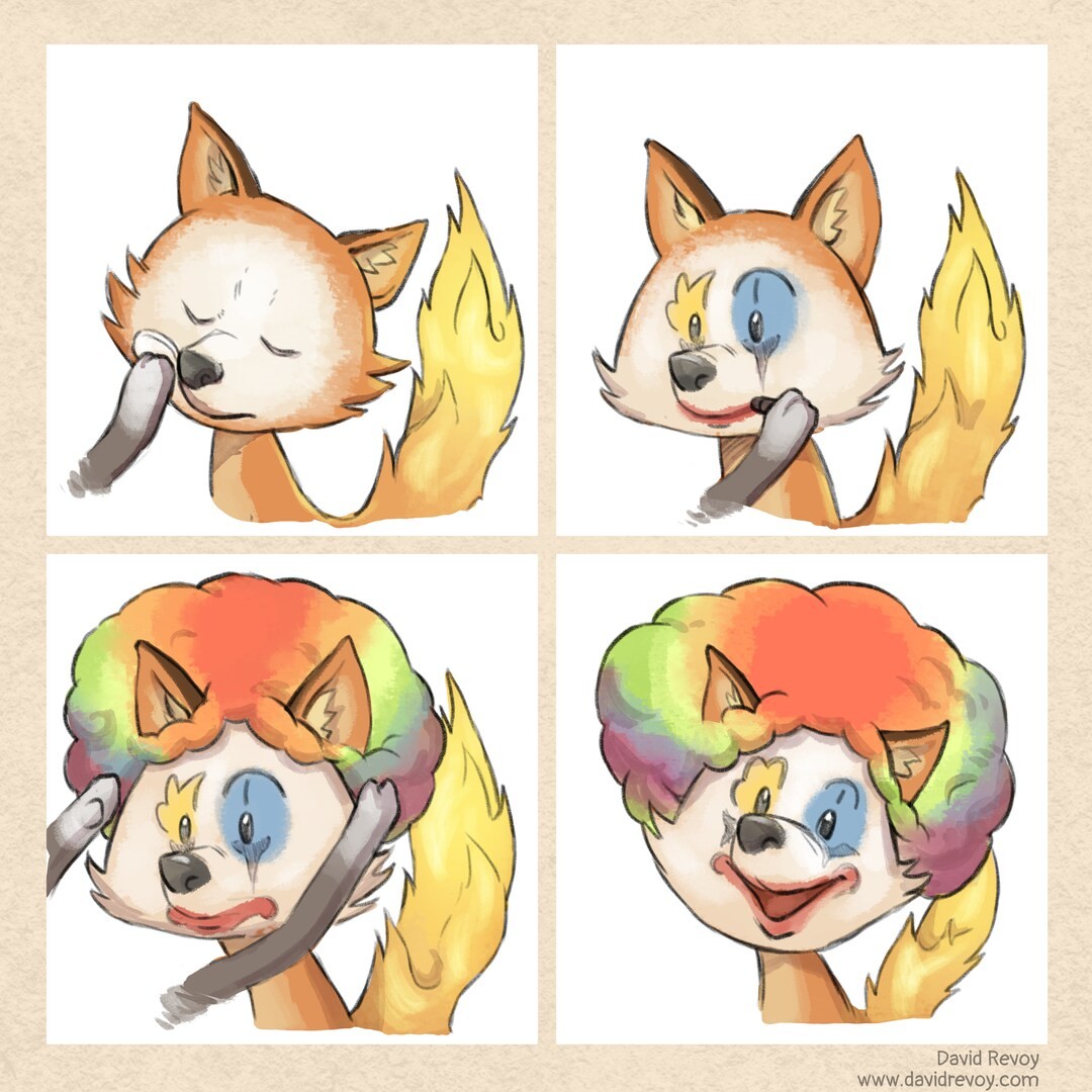 A four panel comic parody of an internet meme: "Putting on Clown Makeup", but this time the man is a fox with a tail in fire  as a ref to the Firefox mascot.