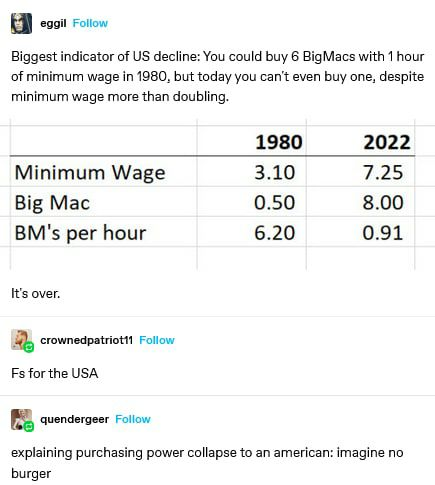 charts explaining how the purchasing power per burger gas declined. comment: explaining purchas8ng power collapse to a American "imagine no burger"