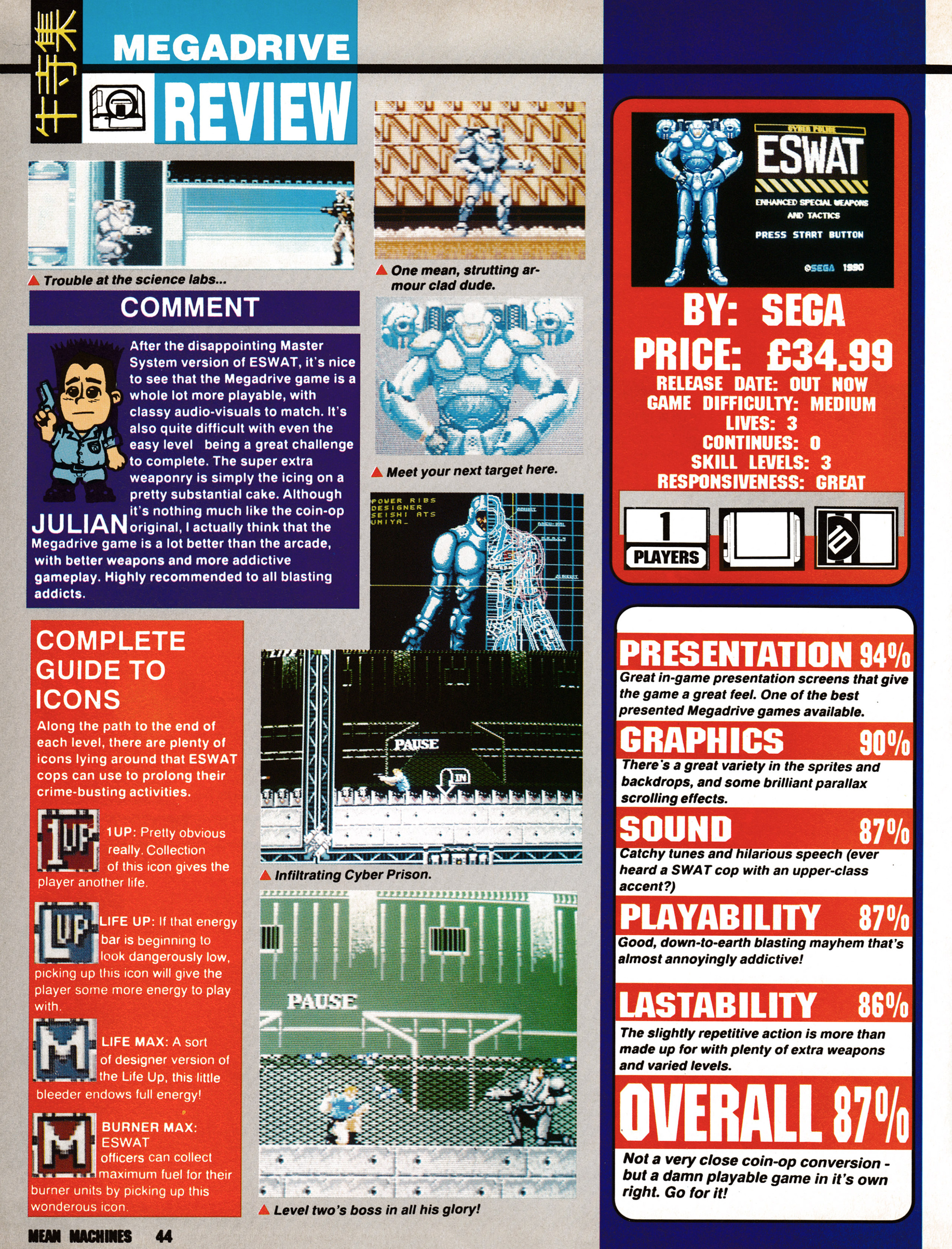 Review for ESWAT on Mega Drive from Mean Machines 5 - February 1991 (UK)

score: 87%