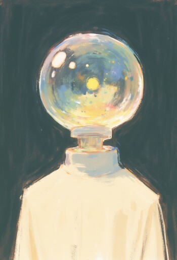 A surrealist painting of a figure with a transparent glass sphere for a head. The figure wears a plain cream-colored garment against a dark teal background. The surface of the glass sphere reflects a myriad of colors, including yellows, blues, and hints of other colors. A bright yellow orb appears near the center of the sphere, potentially representing a focal point of consciousness. The artistic style uses brushstrokes visible throughout the composition, giving it an impressionistic quality despite the surrealist concept.