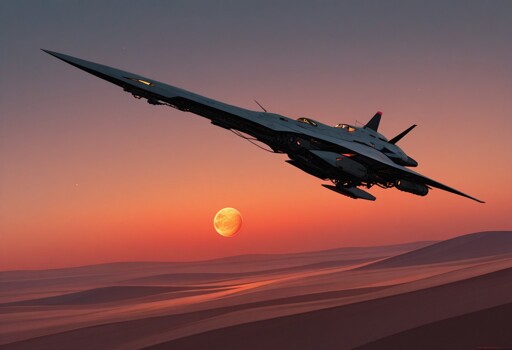 A sleek gray ship flying through the air above a desert landscape at sunset. The ship appears to be banking slightly as it moves across the frame from left to right. Below the aircraft stretches an expansive desert with rolling sand dunes rendered in warm orange and reddish-brown tones. A large, bright orange sun sits prominently in the sky near the horizon, while sky transitions from deep purple-gray at the top to brilliant orange and pink hues near the horizon.