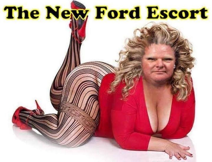 A picture of a woman escort with Rob Ford's face edited on top of the original