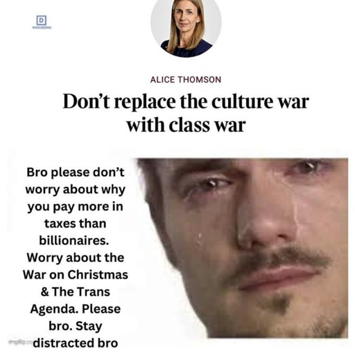 A news headline screancap by "Alice Thomson" sayng "Don't replace the culture war with class war". Underneath it is a picture of a crying person with the text "Bro please don't worry about why you pay more in taxes than billionaires. Worry about the War on Christmas & The Trans Agenda. Please bro, Stay distracted bro."