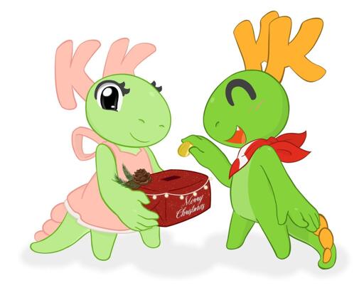 This is a picture of KDE's pet dragons, Katie and Konqi. Katie is on the left holding a box with slot in it, and Konqi, on the right, is putting a coin into the box.