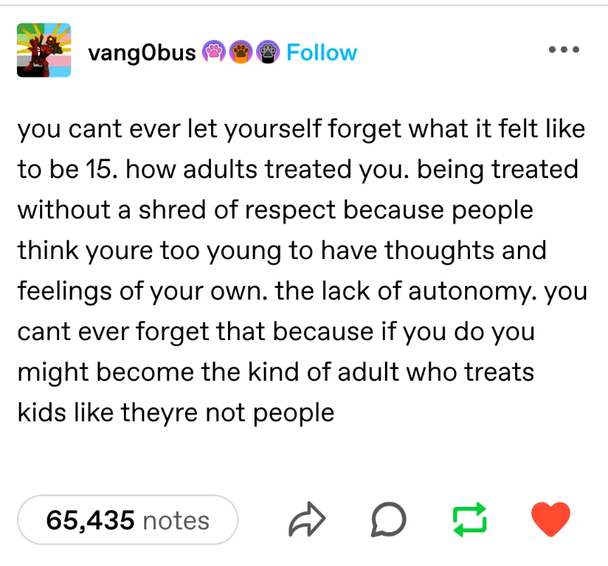 Tumblr post by vang0bus, reading "you can't ever let yourself forget what it felt like to be 15. How adults treated you. Being treated without a shred of respect because people think you're too young to have thoughts and feelings of your own. The lack of autonomy. You can't ever forget that because if you do you might become the kind of adult who treats kids like they're not people"