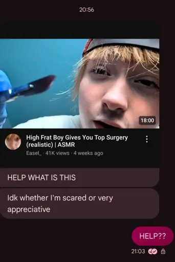 The meme shows someone sharing a screenshot of a youtube video. It's an ASMR video where a frat boy gives you top surgery, and it's tagged as realistic. The one sharing the video says "HELP WHAT IS THIS" and then "Idk whether I'm scared or very appreciative", the receiver then responds "HELP??"