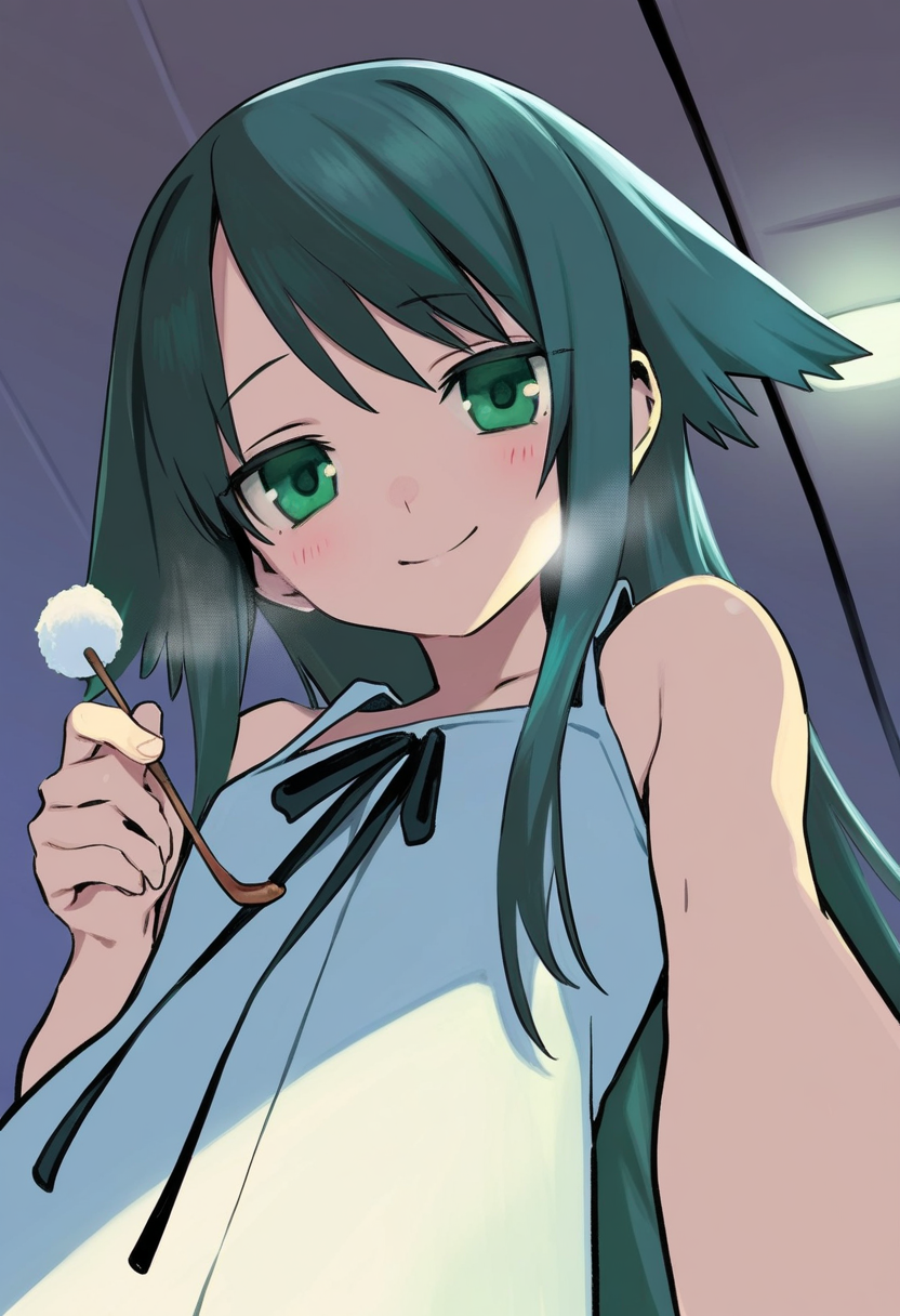 A girl with long, dark green hair and green eyes looking down on the viewer. She is wearing a white sleeveless dress with a black ribbon tied in a bow at the front. She is holding a dandelion in her right hand, with her thumb and forefinger delicately grasping the stem. Her expression is soft and serene, with a subtle smile that adds an inviting demeanor to her face. The background of the image is a simple, modern indoor setting with muted colors, with a bright overhead light source.