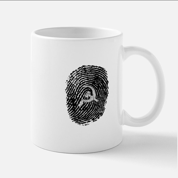 mug, with a fingerprint combined with a hammer and sickle