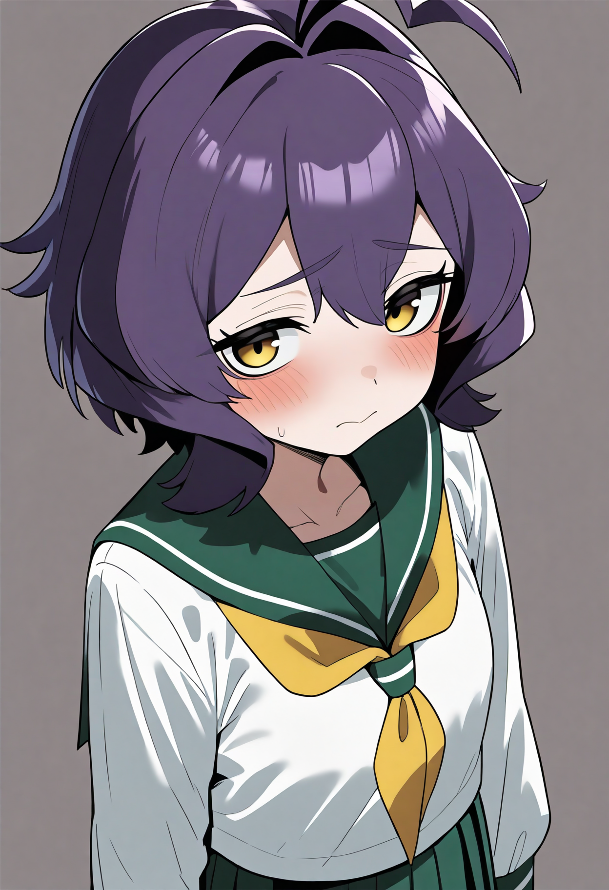 A young woman with short dark purple hair and golden-yellow eyes. Her expression is a mix of bashfulness and uncertainty. She is wearing a traditional Japanese school uniform, which includes a white blouse with a green collar and yellow necktie, and a green pleated skirt. The background is a simple, solid beige.