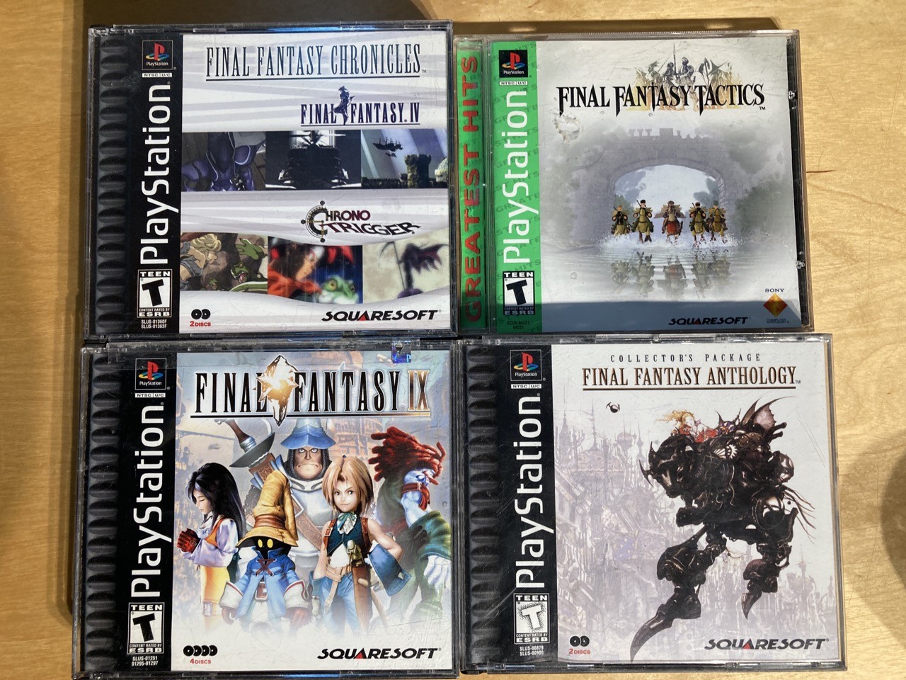 Copies of Final Fantasy Chronicles, FF Tactics, FF IX and FF Anthology for the psx. 