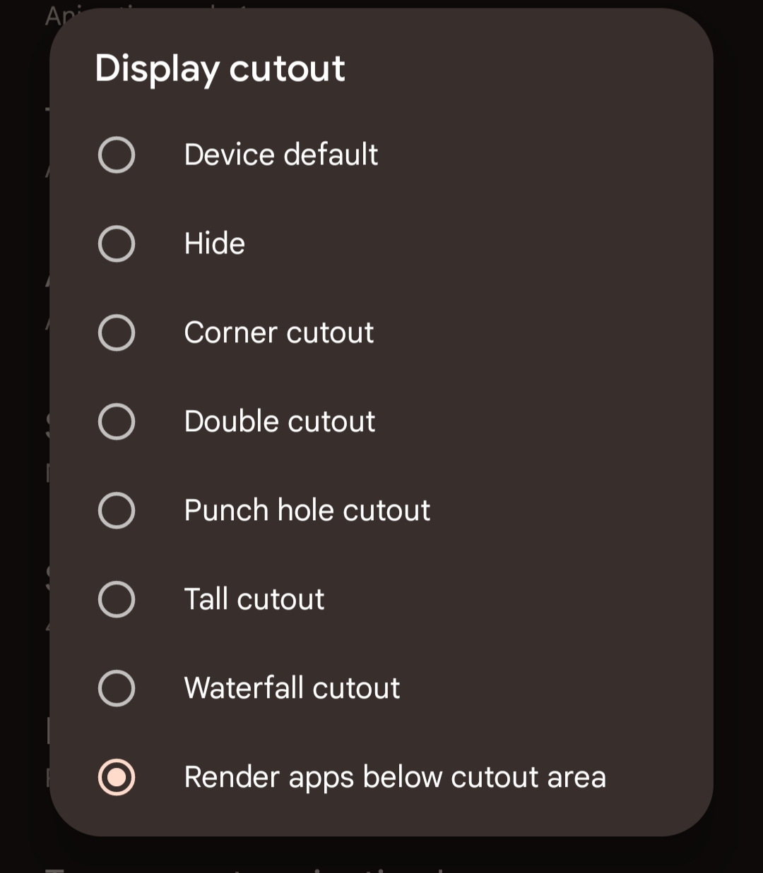 Android menu: "Display cutout", with the "Render apps below cutout area" option enabled