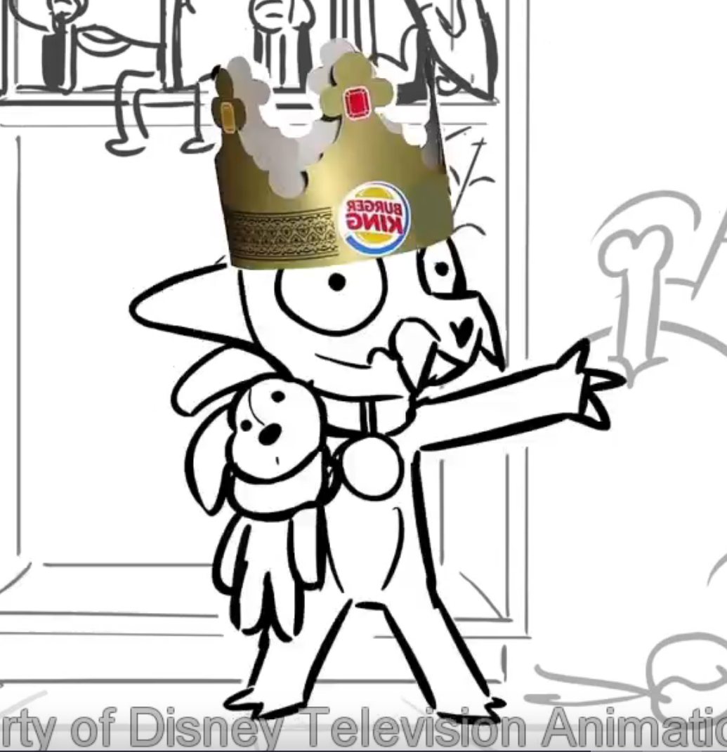 Screencap from the pilot episode showing a hand-sketched King wearing a stock png of a Burger King crown