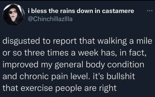 A tweet by @Chinchillazlla saying "disgusted to report that walking a mile or so three times a week has, in fact, improved my general body condition and chronic pain level. it's bullshit that exercise people are right"