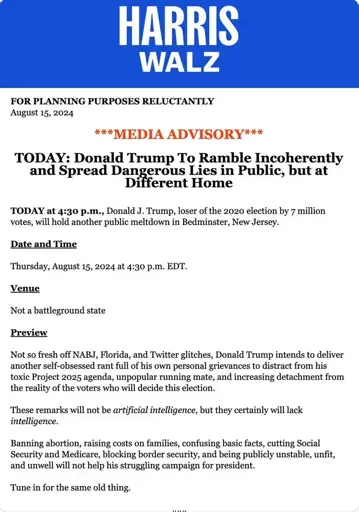 A media advisory from the Harris/Walz campaign team from August 15, 2024. The document is formatted like a press release and contains satirical or critical language directed at Donald Trump, the former President of the United States. The tone is mocking, with various jabs at Trump's behavior and political stances.