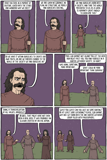 A comic strip with many panels of philosophers discussing things. Sorry, it's too long to create a transcript here.