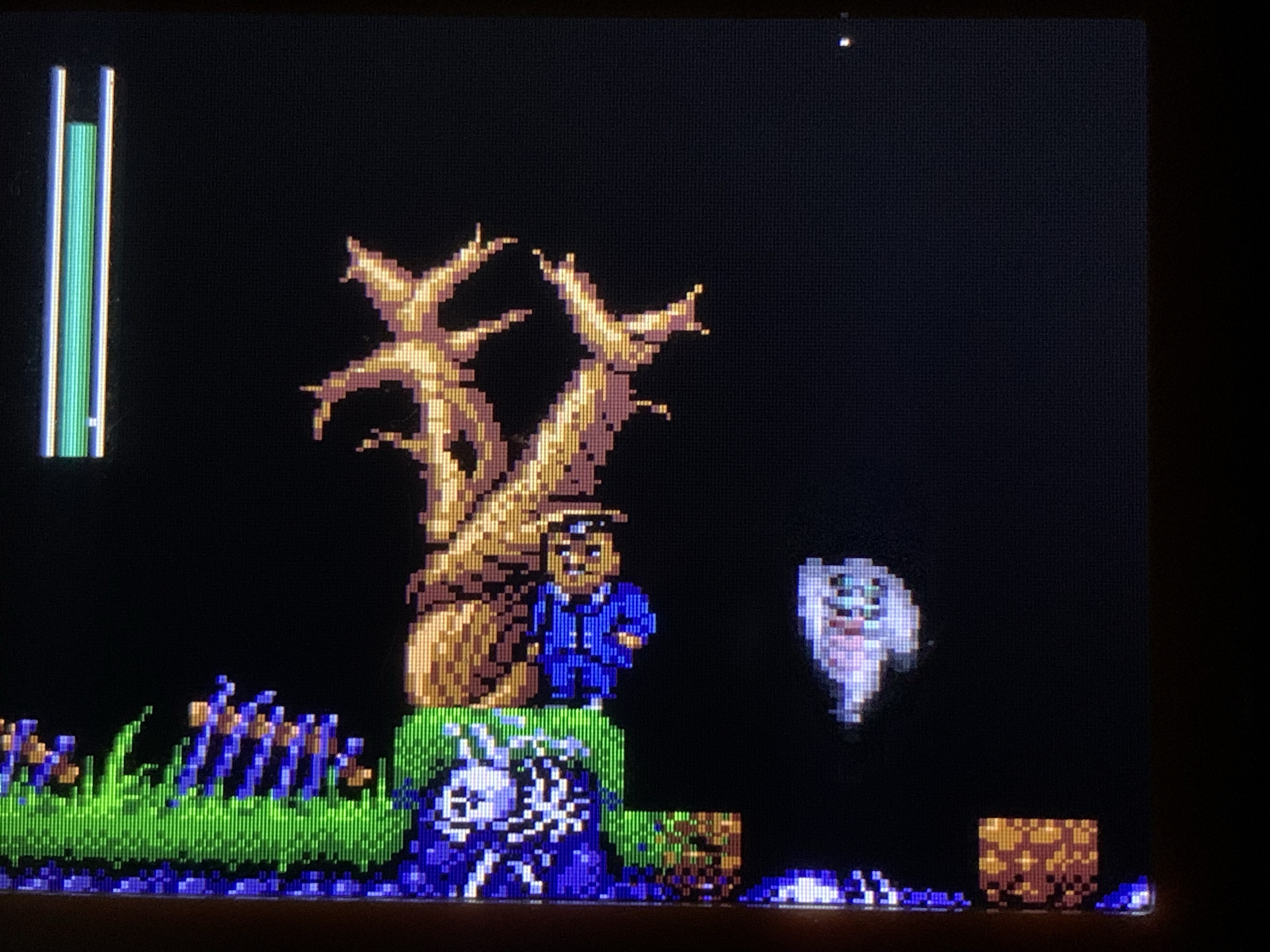 A pixelated video game scene featuring a character dressed in blue next to a barren tree and a ghostly figure. A skeleton lies partially submerged in water, with a health bar displayed on the left side of the image. The background is dark with hints of stars. 