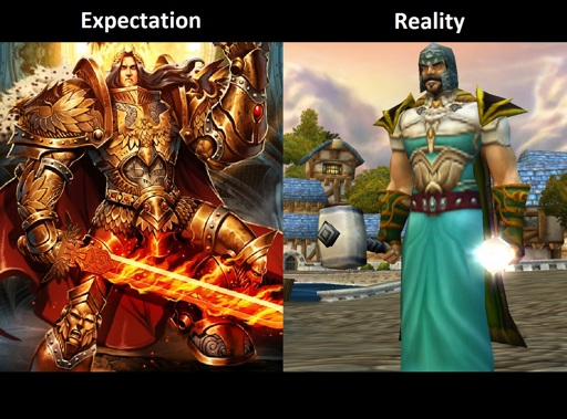 Expectaction "shining golden gear with flame sword" Reality "Silly mismatched clown outfit with blue dress and underwhelming helm and shoulders bis gear"