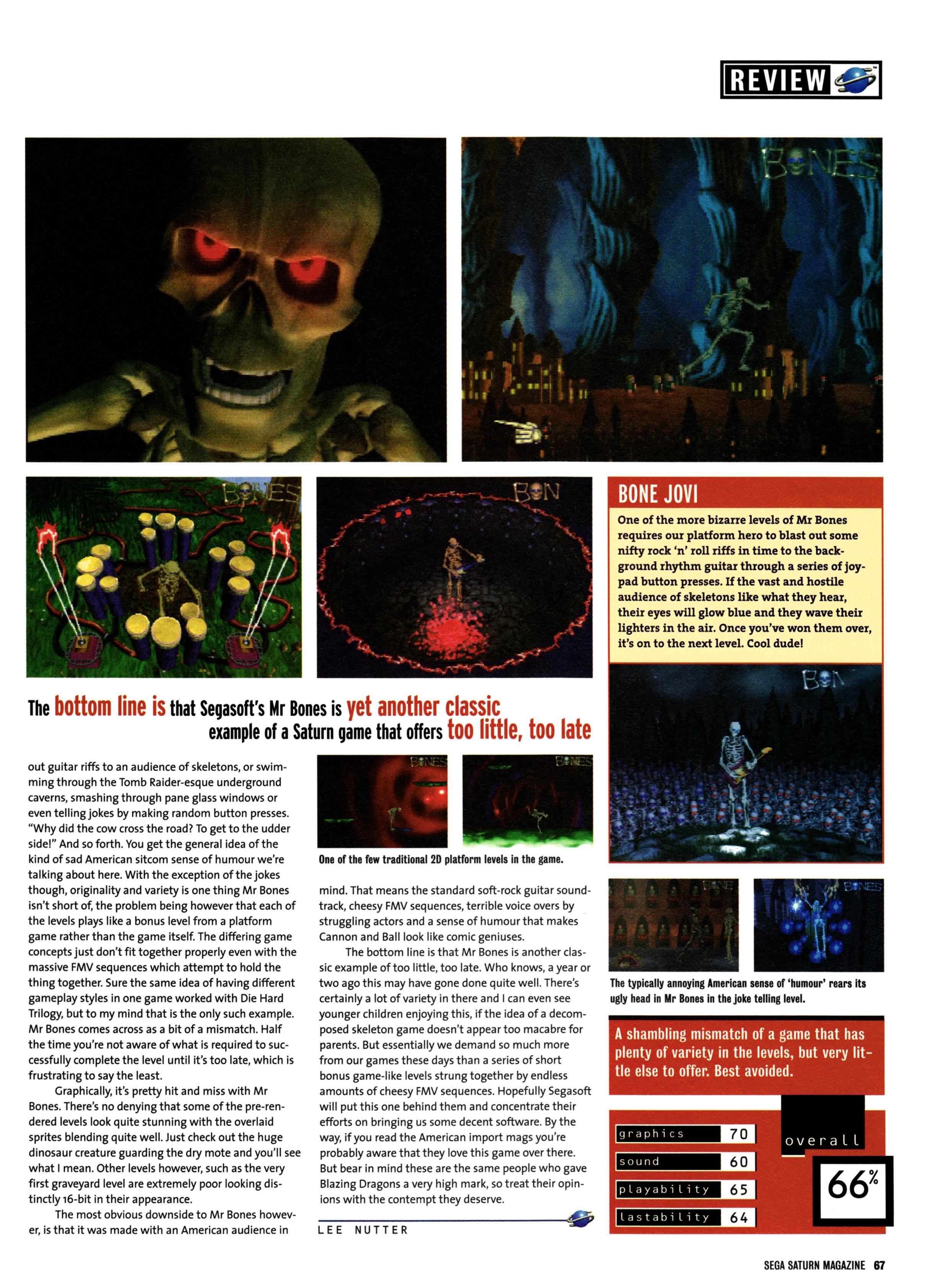 A little late with this one, but here is the review for Mr. Bones on Sega Saturn from Official Sega Saturn Magazine 20 - June 1997 (UK)

score: 66%