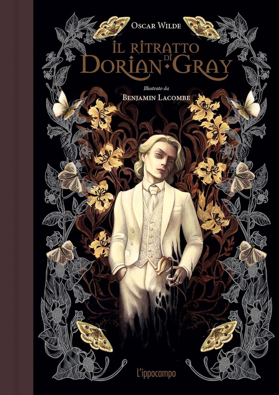 Copertina del libro IL RITRATTO DI DORIAN GRAY, illustrato da Benjamin Lacombe: ritrae un giovane uomo elegantemente vestito, con giacca, cravatta e panciotto, che reclina la testa verso sinistra in uno sguardo "obliquo", quasi crudele. La figura è circondata, a destra e a sinistra, da decorazioni floreali e farfalle.