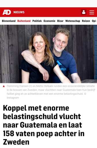 Artikel van het ad met als titel: koppel met enorme belastingschuld vlucht naar Guatemala en laat 158 vaten poep achter in Zweden 