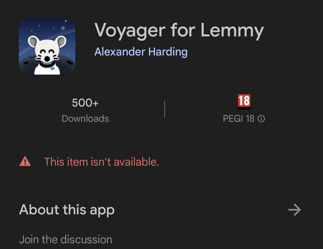 Google Play screenshot showing Voyager and an error: "This item isn't available."