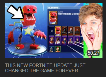 A Youtube thumbnail of a video titled "THIS NEW FORTNITE UPDATE JUST CHANGED THE GAME FOREVER...", featuring a child with a shocked face, and an arrow pointing at some Fortnite item that appears to be a machine trying to look like a dinosaur.