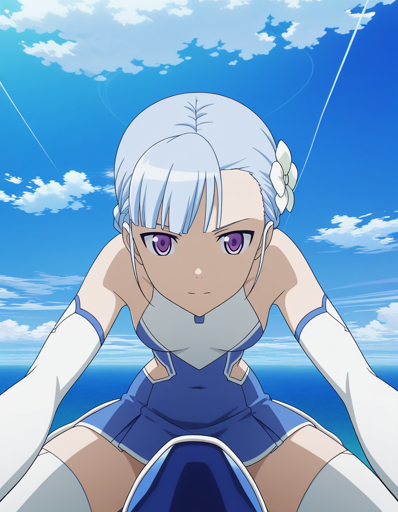 A young woman with purple eyes, light blue hair with a swept bang, and a serious, focused expression. She is leaning forward in a riding posture in a cockpit, wearing a blue and white sleeveless uniform with detached white sleeves and a white flower in her hair. The monitors of the cockpit show a wide, open ocean under a bright blue sky filled with clouds and jet contrails. 