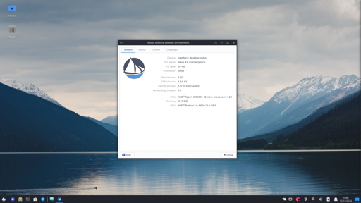 The default Solus XFCE4 experience, with a panel on the bottom, launchers and tasklist on the left, and clock and status tray on the right. In the center of the screen is a program window open to the About page for the system. The background depicts a lake with dark, whitecapped mountains in the background and a cloudy sky. The OS is Solus 4.6 Convergence, and the XFCE version is 4.20.