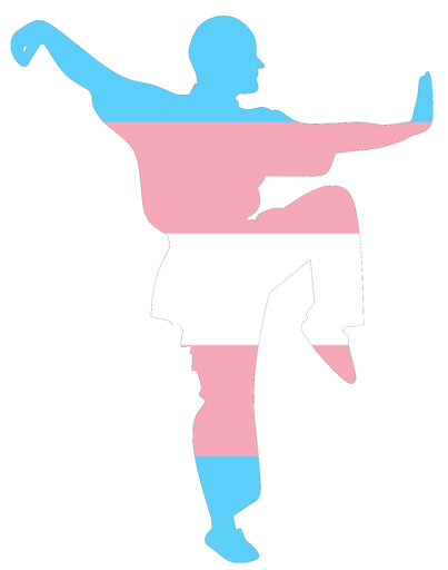 Silhouette of a person striking a pose. The silhouette is colored like the trans pride flag.