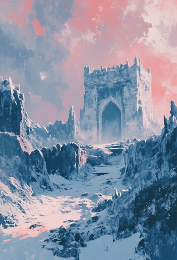 A wide shot of a massive stone fortress with tall a prominent arched gateway, situated at the end of a snow-covered rocky path. The ancient stone structure appears weathered and partially ruined, surrounded by snow-laden jagged stone formations and ice-covered surfaces on both sides of the path creating a natural corridor. The lighting creates a dramatic color palette with soft pink and coral tones of the sky mixing with blue and gray hues throughout the scene.
