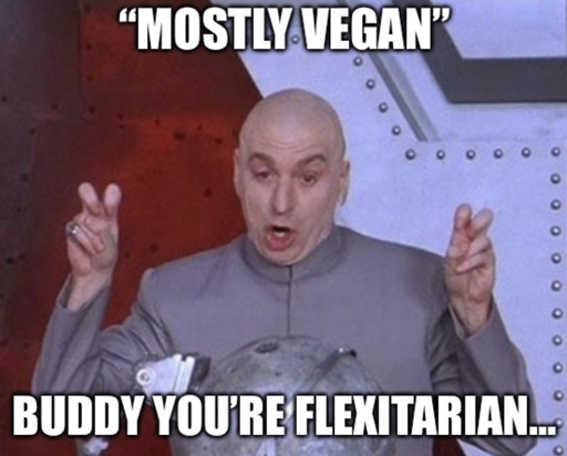 Dr Evil with fingers quotations meme “ Mostly Vegan” top “Buddy you’re flexitarian” bottom