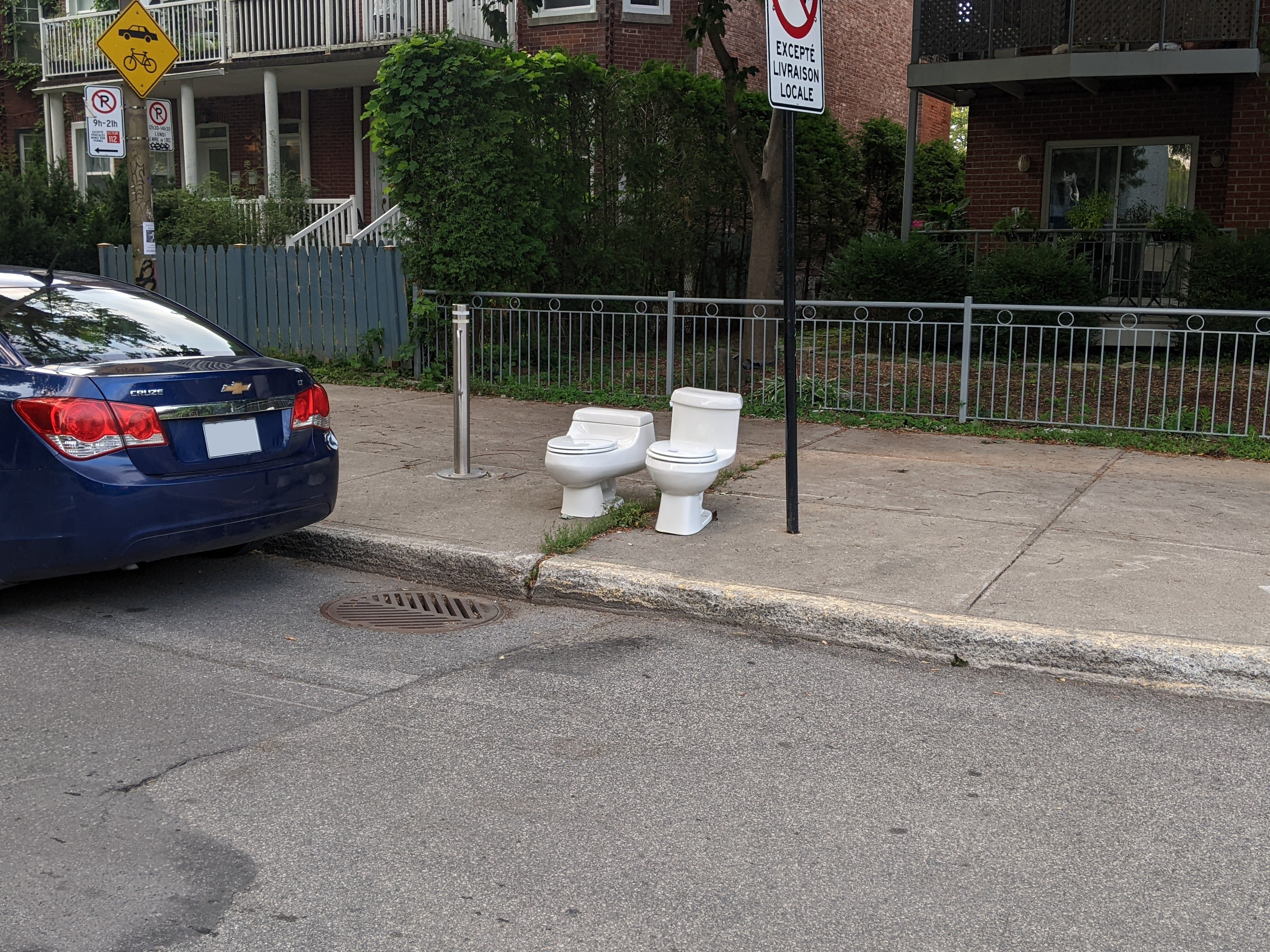 Two intact toilets stand on the curb